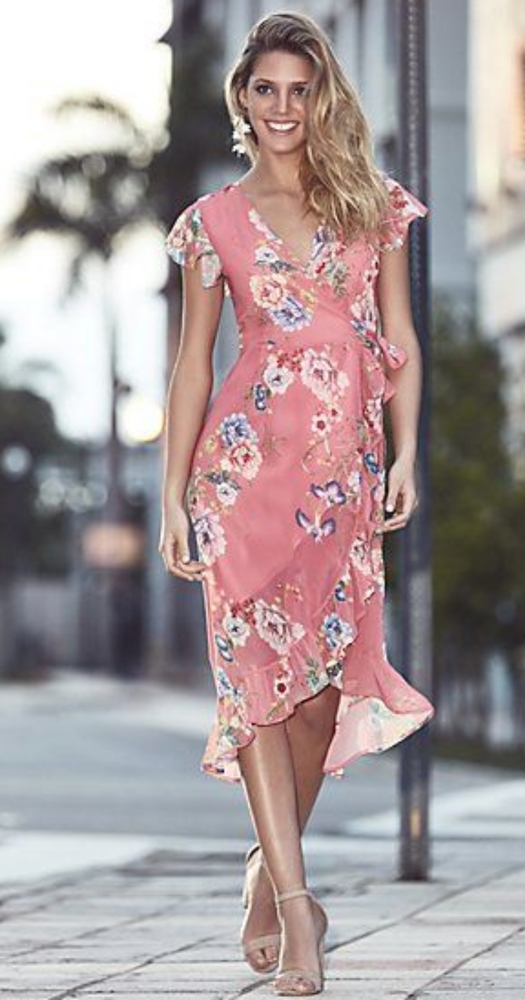 New York and Co midi pink floral wrap dress L
